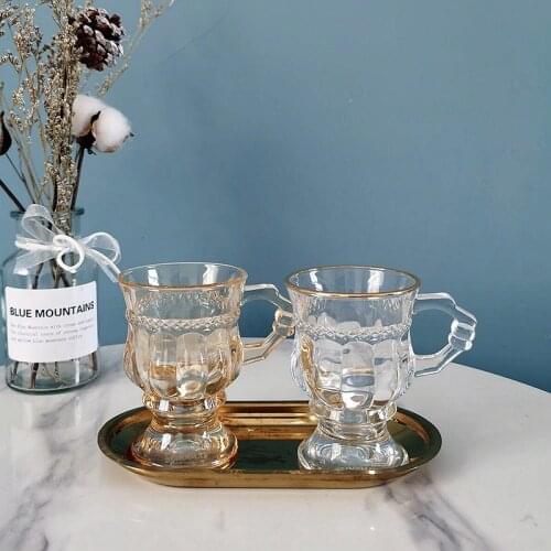 Amber Glass Embossed Goblet Retro Mini Water Glass European Style Gold Rimmed Transparent Cup Afternoon Tea Coffee Cup 1pcs