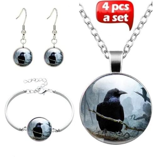 4 Pcs/Set Witchcraft Gothic Raven Crow Glass Jewelry Set Fashion crystal Necklace Bracelet Earring Jewelry Sets for Women Gifts