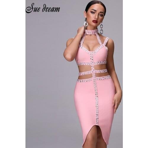 Bandage Dress 2021 New Shelves Beaded Ladies Luxury Bodycon Party Pink Gray Openwork Sexy Christmas Dress Tailoring