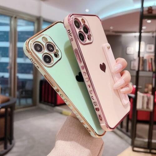 Electroplated Heart Phone Case For iPhone 12 Mini 11 Pro X XR XS Max 7 8 Plus SE 2 Luxury Wristband Holder Stand Soft Anti-Fall