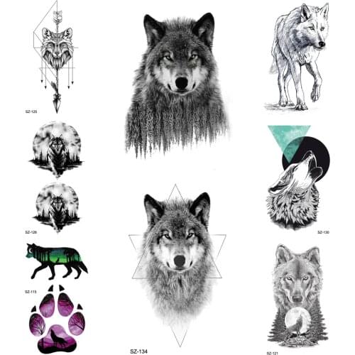 Black Ferocious Evil Wolf Temporary Tattoo Stickers Body Art Drawing Tattoo Women Geometric Moon Fake Tatoos Men Arrow Fox Moon