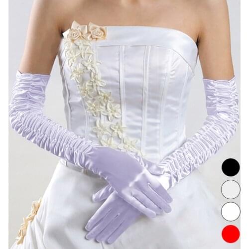 HONGFUYU 4 Colors Elegant Bridal Wedding Gloves Winter Opera Length Satin Finger Gloves Beige White Black Red S035