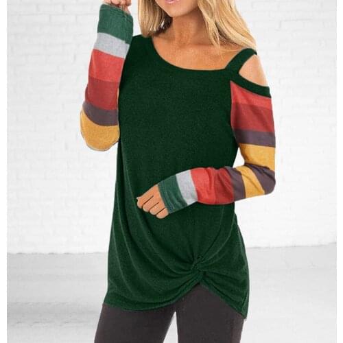 Womens T-Shirts Sexy Long Sleeve Off Shoulder Twisted Hem Tops Fashion Casual Striped Patchwork Pullover Top Womens Clothing