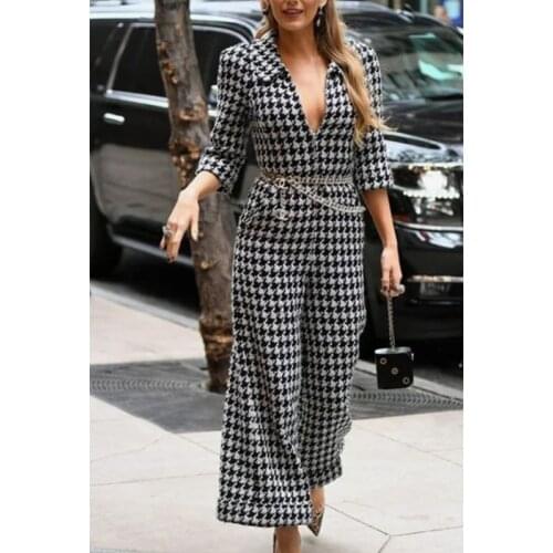 Houndstooth Wide Leg Kintted Jumpsuits Romper Women Winter Clothes Chic Zipper 3/4 Sleeve Pockets Jumpsuits Overalls Plaid 2020