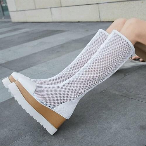 Fashion Sneakers Women Genuine Leather Wedges High Heel Knee High Boots Female Breathable Lace Platform Pumps Shoes Casual Shoes