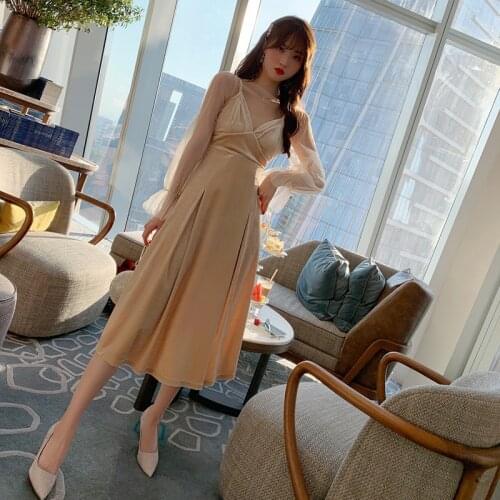 Korean Fashion Autumn Clothing for Ladies Mesh Patchwork Long Sleeve Velvet Dress Woman Corset Loose Elegant Party Dresses Fall