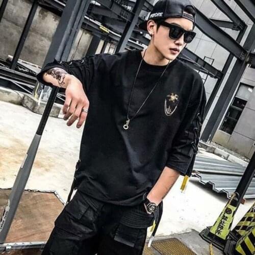 Korean Fashion Men`s Street Style Lace Punk Gothic Pullover Designer Steampunk Hem Hip Hop Sweatshirts Shirts Tees For Male