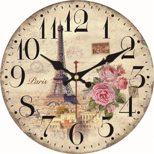 Tower Wall Clock Vintage Paris Rose Flower Silent Non-Ticking Round Clock Decorative Battery Operated Wall Clock Grey 16 Inch