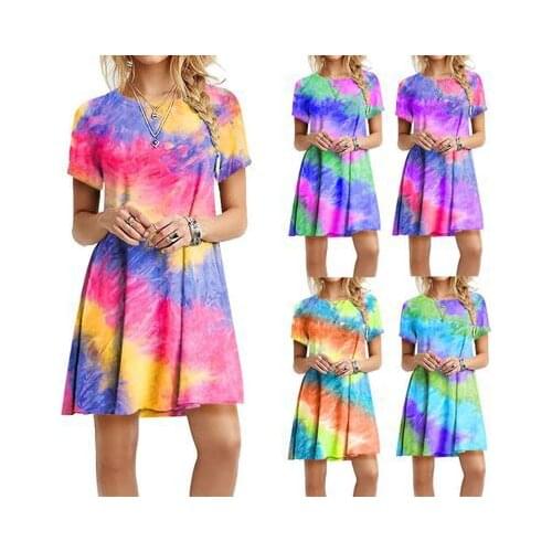 2021 Summer New Women Dress Popular Round Neck Tie Dye Gradual Change Printing Short Sleeve Leisure Easy Lady Mini Dress