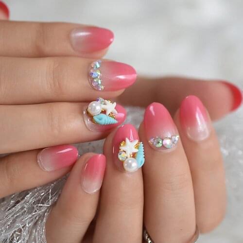 Ombre Pink Fake Nails Short Oval Gradient Color Shimmer French Nail Sea Style Rhinestones Decoration Faux Ongles for Daily Wear