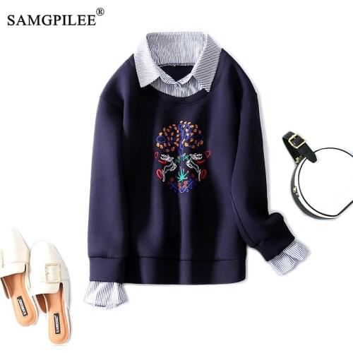 Autumn Hoodie European Station Embroidery Fake Two-piece Floral Turn Down Collar Loose Pullover Spring Sweatshirts For Women 4XL