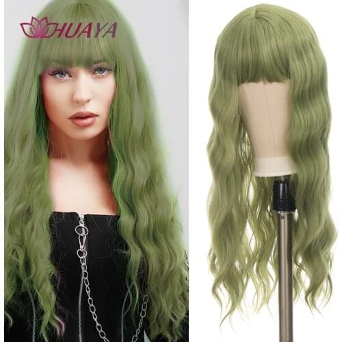 HUAYA Green Long Natural Wavy Synthetic Wig For African American Women Cosplay Wigs With Bangs Girls Lolita Cute Wigs