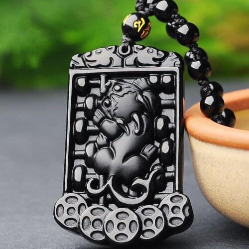 Natural Black Obsidian Gold Pendant Fashion Jewelry Hand Carved Amulet Necklace Men and Women Gift Accessories