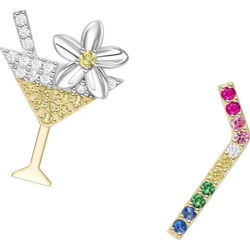 SOELLE S925 Sterling Silver Multicolor Zircon Martini Cocktail Stud Earrings Straw Cup Flower Women Girls Wedding Party Jewelry