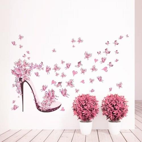 Fashion High Heel Shoes Flying Butterflies Heart Flower Wall Stickers For Kids Rooms Girls Room Home Decor Pvc Decals Posters