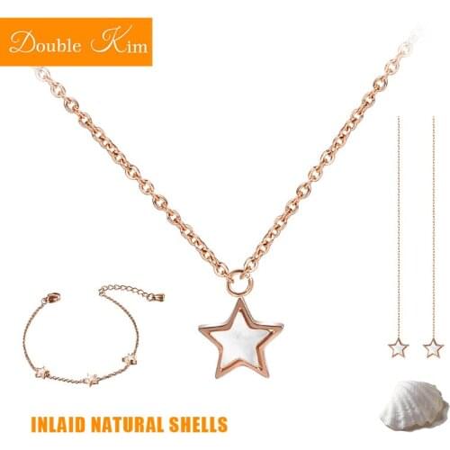 Small Stars Necklace Bracelet Earrings Jewelry Sets Titanium Stainless Steel Inlaid Natural Shells Women Fashion Birthday Gift