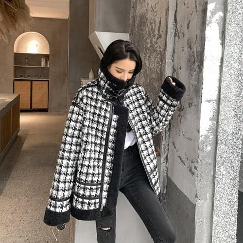 Wenfly Women Jacket Plaid Lamb Wool Thickening Velvet Korean Loose Coat Female Warm Outerwear Clothes Casual Streetwear