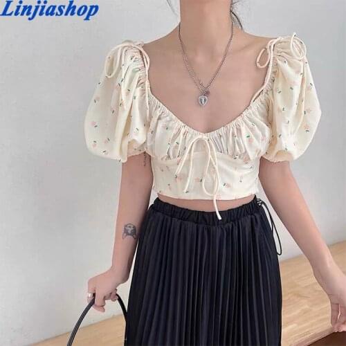 Women Summer Tank Top Lace-up V-neck Sweet Cropp Top Sexy Floral Girls Camis Korean Style Holiday Ulzzang Femme Vestidos