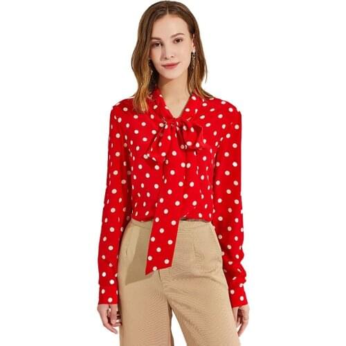 Mulberry 2021 Spring/Summer New Product Silk Shirt Long Sleeve Stand Collar Polka Dot Bowknot Red Mulberry Silk Large Size Ladie