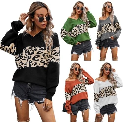 Women Leopard Sweaters Long Sleeve Sexy V-Neck Drop Shoulder Pullover Tops Color Block Patchwork Knitted Loose Jumper