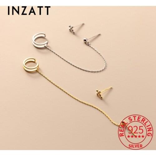 INZATT Real 925 Sterling Silver Chain Tassel Bead Cross Clip Earrings For Women Hiphop Fine Jewelry Asymmetry Accessories Gift