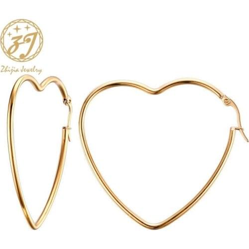 Zhijia New Gold Color Love Heart Hoop Earrings for Women Stainless Steel Big Round Statement Wedding Earrings Jewelry