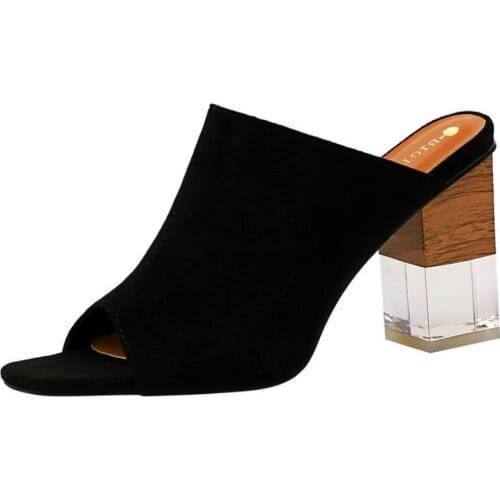 Koovan Womens High Heel Sandals 2020 Slipper Flock Sliders Fashion Women High Heels Square Heels Sexy Women Summer Office Shoes