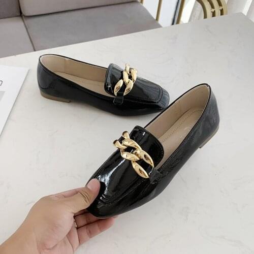 MoonMeek 2021 Top Quality Genuine Leather Shoes Women Flat Shoes Metal Decoration Chain Square Toe Casual Single Shoes Woman