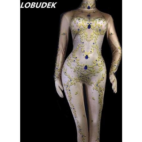 Leaves Printing Rhinestones Nude Color Elastic Jumpsuit Nightclub Bar Women Dancer Pole Dancing Costume Acrobatics Show Clothing