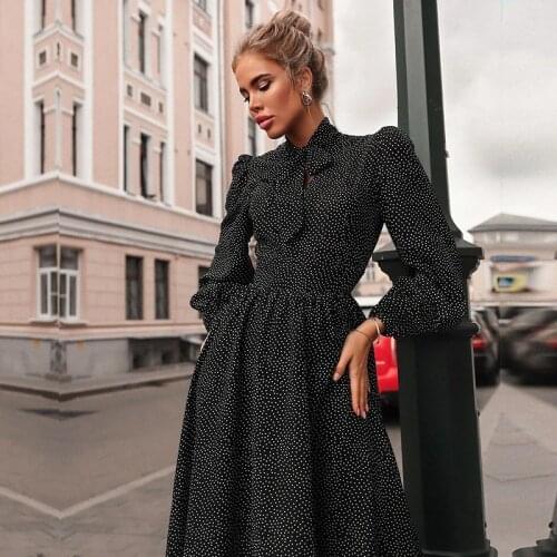 Women Clothing Autumn Elegant Vintage Polka Dot Print Bow Tie Midi Dress Winter Casual Long Sleeve Wide Hem Long Dress
