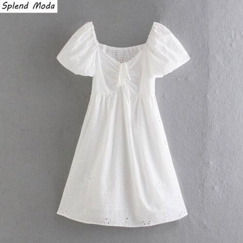 Splend Moda French Vintage Drawstring Puff Sleeve Lace 2021 Summer Square Collar Lace-Up Women Dress Solid Color Pullover