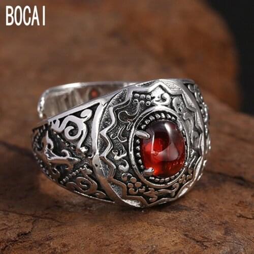 2019 New 100% real S990 sterling silver jewelry garnet mens silver ring Thai silver retro hipster fashion ring for man