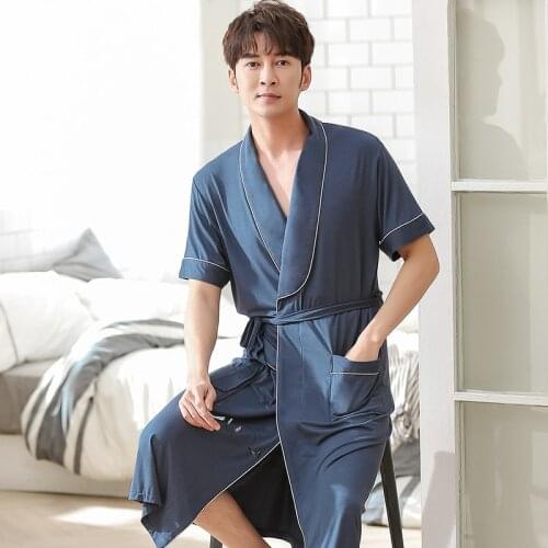 2020 Summer Bathrobe Men Soft Modal Sleep Top Kimono Robes For Male Solid Color Robes Long Bath Robe Bride Robe Dressing Gown