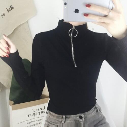 2020 Full Camisetas Tumblr New Women Retro Ring Zipper Decoration High Collar Vertical Thread Long-sleeved Shirt T-shirt Female