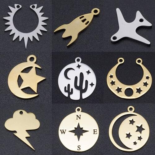 5pcs/lot Sun Star DIY Charms Wholesale 100% Stainless Steel Compass Rocket Connectors Charm Airplane Starry Jewelry Pendant