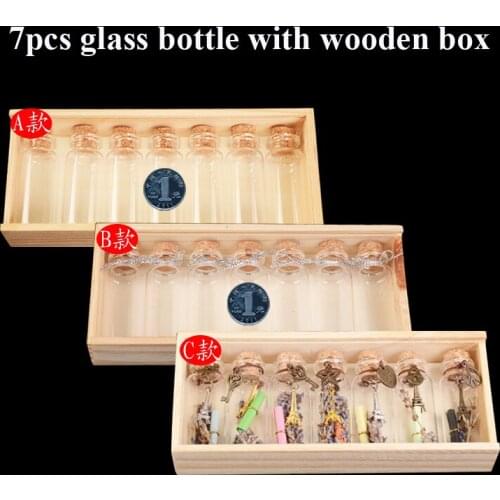 7pcs/set 4sets/lot 24mm DIY 15ml mini samll transparent glass wishing bottle with cork cap & wooden packing box gift decoration