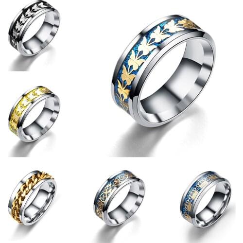 8 mm Butterfly Inlaid Punk Men Rings 316L Stainless Steel Cool Biker Rings Jewelry Temperament Joker Style Rock Men Animal Rings