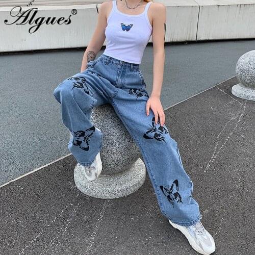 ALGUES 2020 New Summer Blue Vintage Jeans Woman Long Trousers Cowboy Female Loose Streetwear Butterfly Print Pants