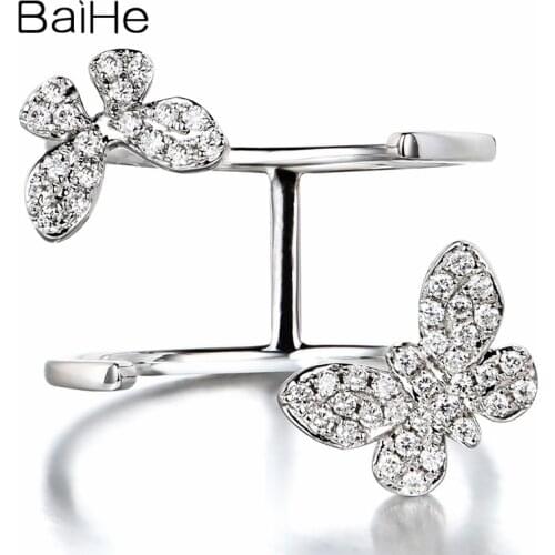 BAIHE Solid 14K White Gold 0.16ct H/SI Round Natural Diamonds Wedding Women Trendy Fine Jewelry Beautiful diamond butterfly Ring