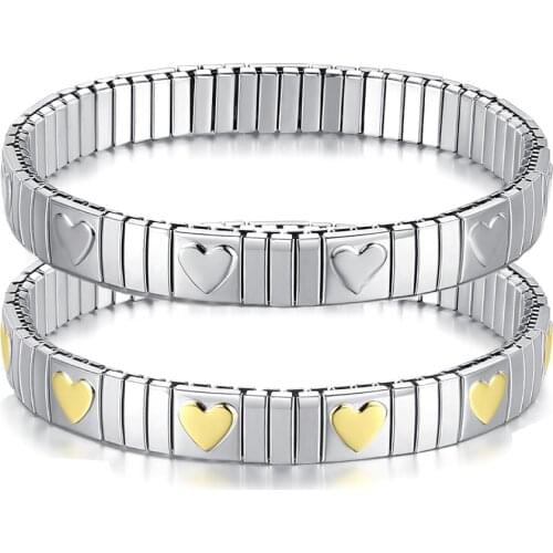 Hapiship Top Fashion 9mm Width 18cm Women Mens Elastic Stainless Steel Gold Heart Bracelet Bangle MY011