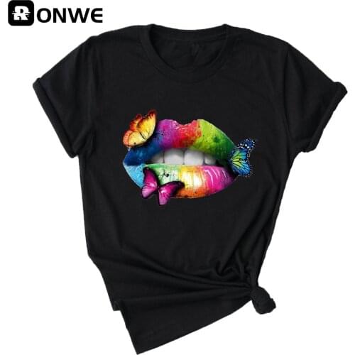 Rainbow Lip and Butterfly Printed Short Sleeve Black T-shirt Girl Vintage Tops Tee Female Harajuku Clothing Streetwear,Drop Ship