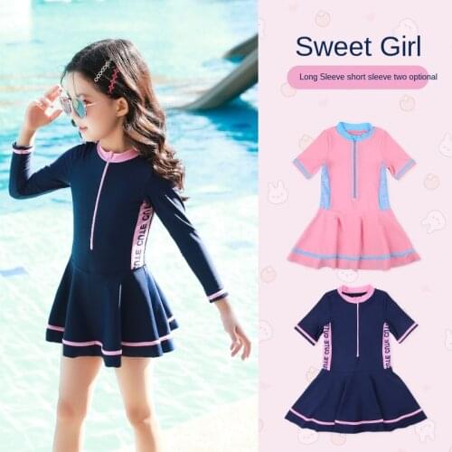 Childrens Swimsuit Girls Long-Sleeved Sunscreen One-Piece Swimwear Kids Korean Style Princess Cute Solid Color Swimsuit LB905