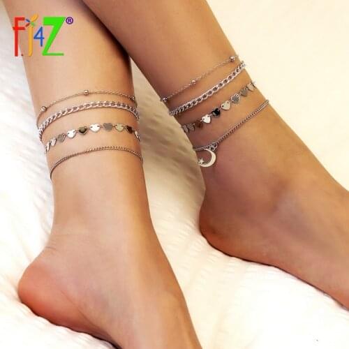 F.J4Z 2021 Trend Womens Footchains Fashion Hearts Linked Anklets 4layers Moon Charm Leg Bracelets Lady Summer Beach Jewelry