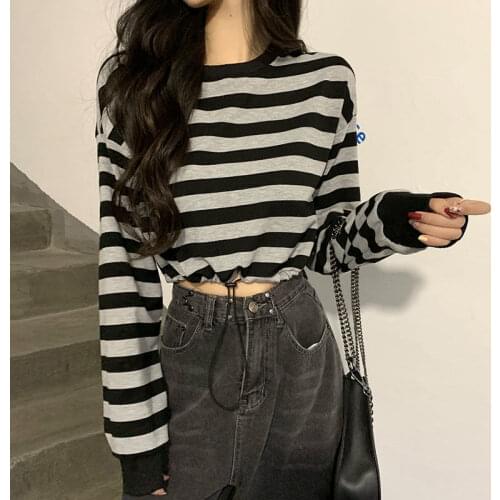 Striped Long Sleeve T-shirts Women Autumn Simple College Teens Loose Crop Top All-match Daily Fashion Female Clothing Street