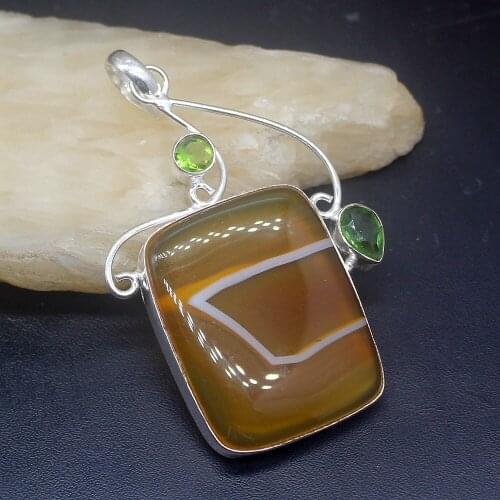Gemstonefactory Jewelry Big Promotion 925 Silver Green Peridot Unique Botswana Agate Women Ladies Gifts Necklace Pendant 0536