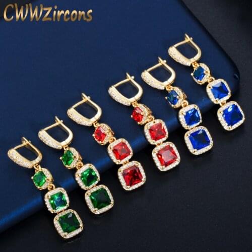 CWWZircons Classic Yellow Gold Color Square Cubic Zirconia Women Long Dangling Drop Earring with Blue Green Red Crystal CZ208