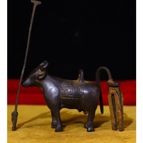 4"Tibet Temple Collection Old Bronze Hand beat Sheep statue Brass lock Classical lock Pendant Town House Exorcism