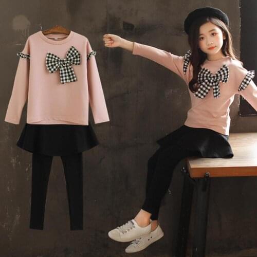 Girls Clothing Sets Spring Cotton Long Sleeve Big bowknot T Shirt+Pants Pantskirt Girl 2 pcs set Kids Clothes Sweater Suit