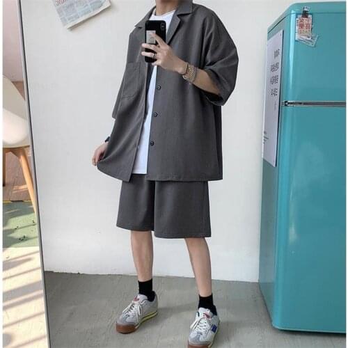 2021 Summer Casual Mens Set Suit Coat Shorts 2pcs Solid Thin Short Sleeve Single Pocket Knee-Length Man Black Gray Clothing