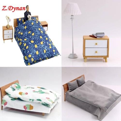 1/12 Doll house Mini Furniture Wooden Bed Model bed linings Bedside table Decor Toys for 6 inch Action Figures DIY